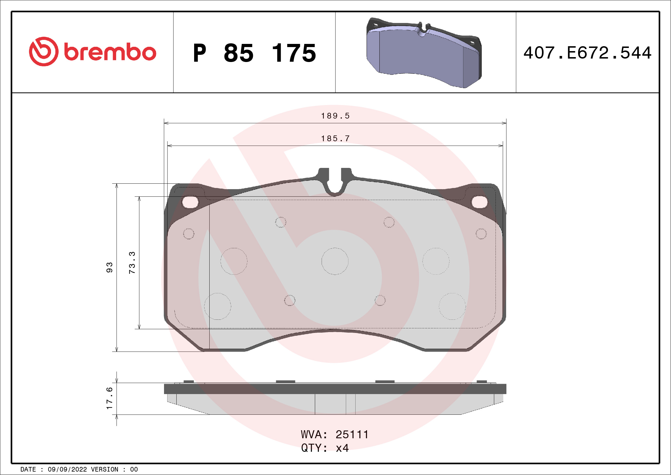 Комплект гальмівних накладок, дискове гальмо   P 85 175   BREMBO