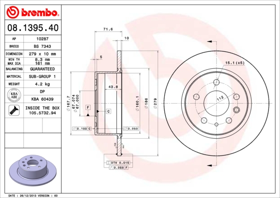 Тормозной диск   08.1395.40   BREMBO