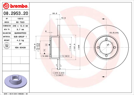 Тормозной диск   08.2953.20   BREMBO