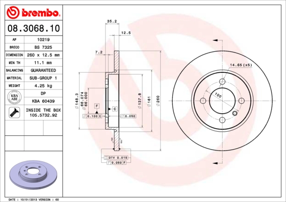 Тормозной диск   08.3068.10   BREMBO