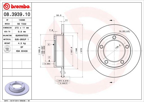 Тормозной диск   08.3939.10   BREMBO