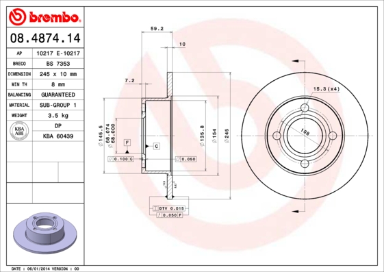 Тормозной диск   08.4874.14   BREMBO