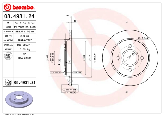 Тормозной диск   08.4931.21   BREMBO