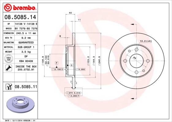 Тормозной диск   08.5085.14   BREMBO