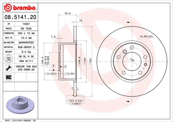 Тормозной диск   08.5141.20   BREMBO