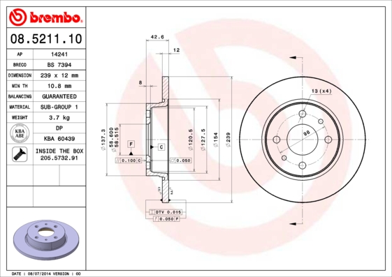 Тормозной диск   08.5211.10   BREMBO