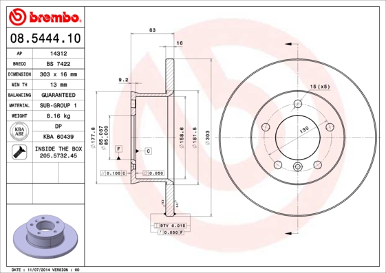 Тормозной диск   08.5444.10   BREMBO