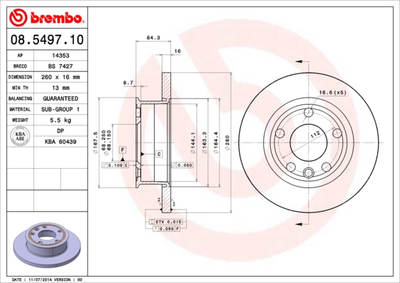 Тормозной диск   08.5497.10   BREMBO