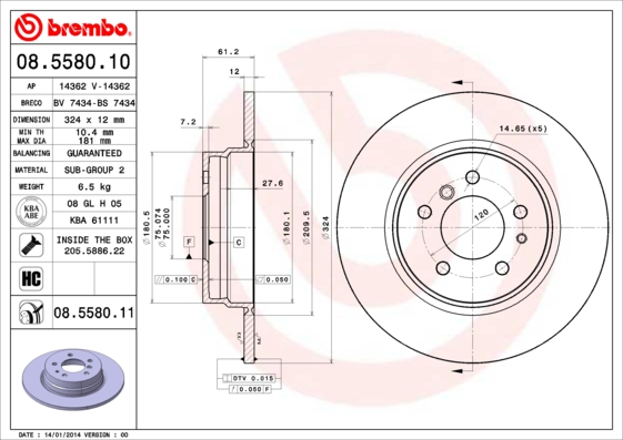 Гальмівний диск   08.5580.11   BREMBO