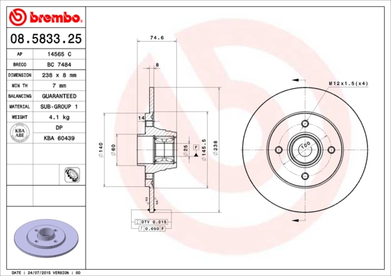 Тормозной диск   08.5833.25   BREMBO