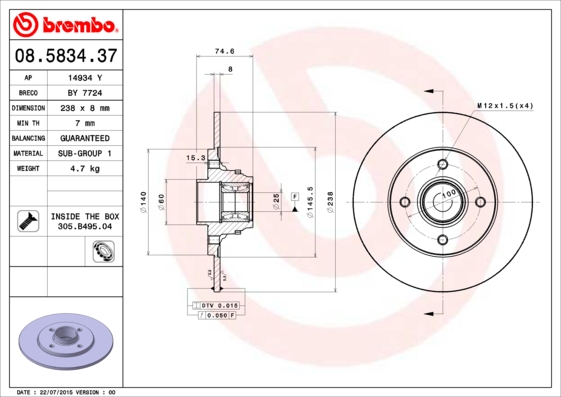 Гальмівний диск   08.5834.37   BREMBO