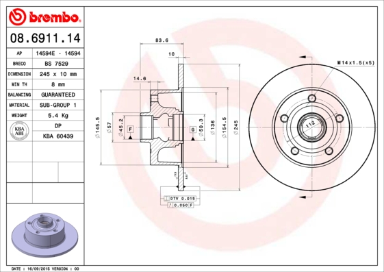 Тормозной диск, BREMBO 08.6911.14 Тормозной диск, BREMBO 08.6911.14