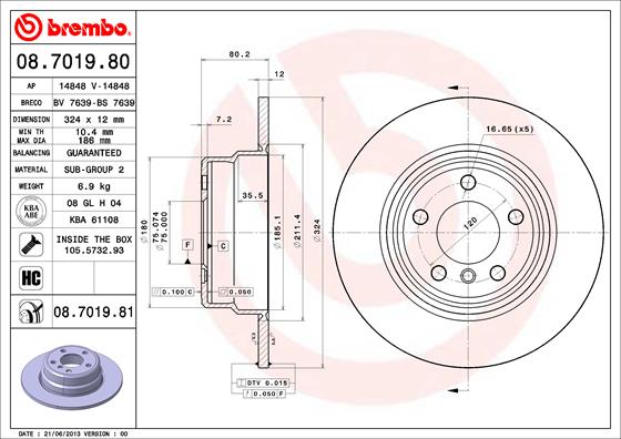 Тормозной диск   08.7019.81   BREMBO