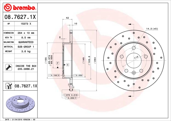 Тормозной диск   08.7627.1X   BREMBO