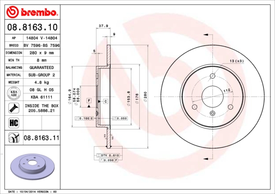 Тормозной диск   08.8163.10   BREMBO