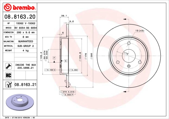 Тормозной диск   08.8163.20   BREMBO