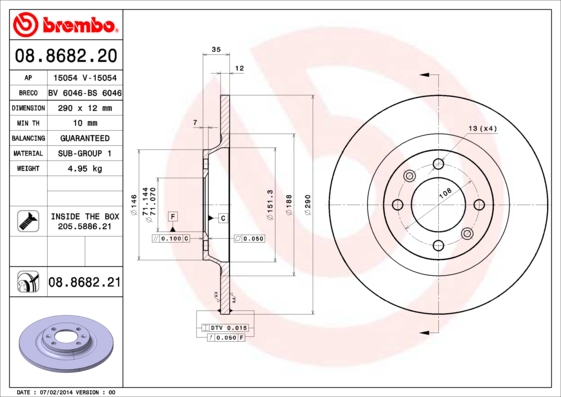 Тормозной диск   08.8682.21   BREMBO