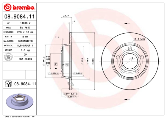 Тормозной диск   08.9084.11   BREMBO