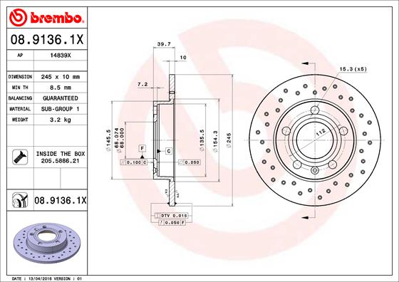 Тормозной диск   08.9136.1X   BREMBO