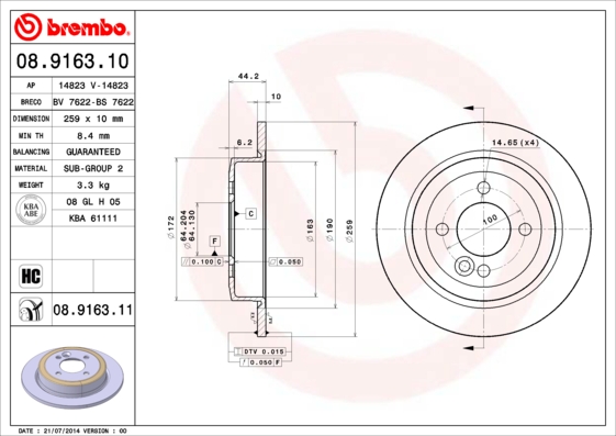 Тормозной диск   08.9163.10   BREMBO