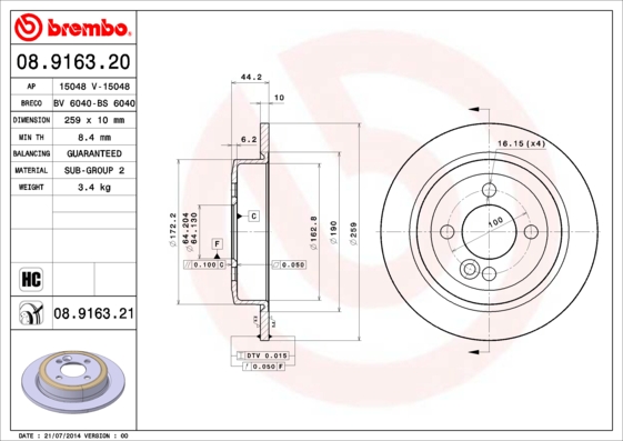 Тормозной диск   08.9163.21   BREMBO