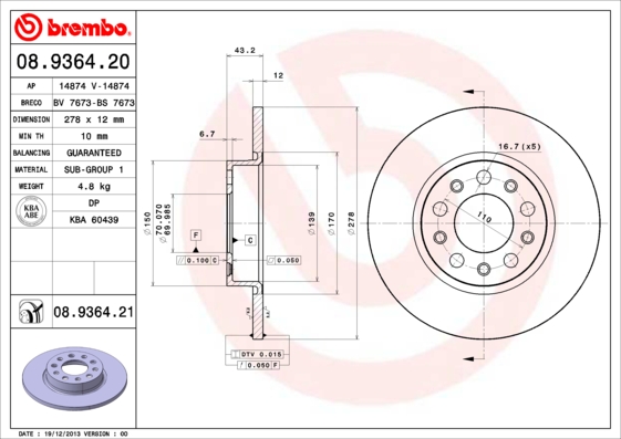 Тормозной диск   08.9364.21   BREMBO