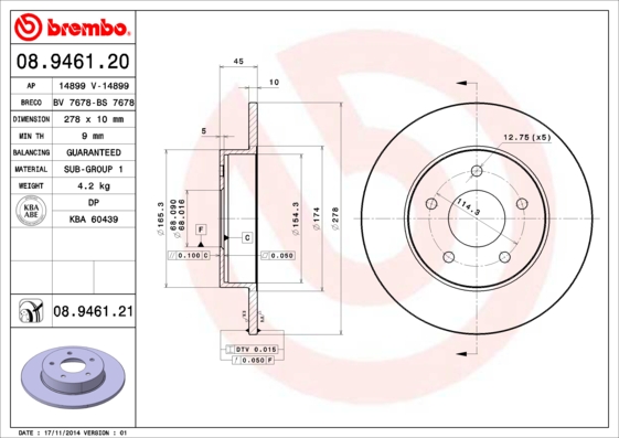 Тормозной диск   08.9461.20   BREMBO