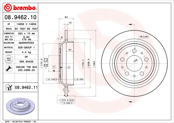 Тормозной диск   08.9462.11   BREMBO