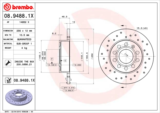 Тормозной диск   08.9488.1X   BREMBO