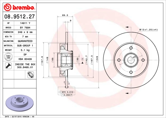 Гальмівний диск   08.9512.27   BREMBO