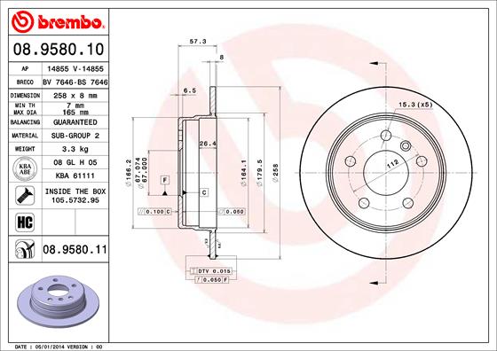 Тормозной диск   08.9580.11   BREMBO