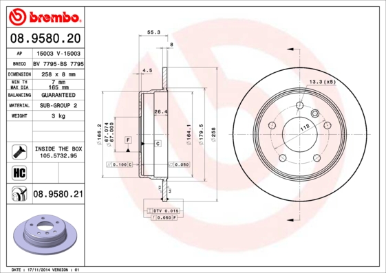 Тормозной диск   08.9580.20   BREMBO