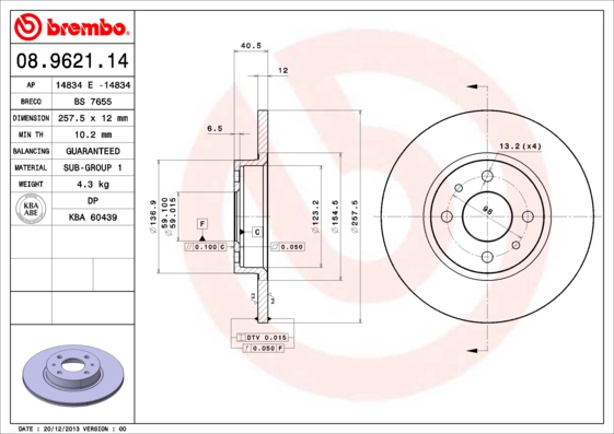 Тормозной диск   08.9621.14   BREMBO