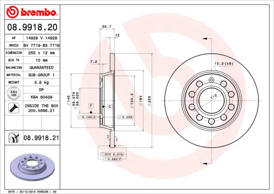 Тормозной диск   08.9918.21   BREMBO