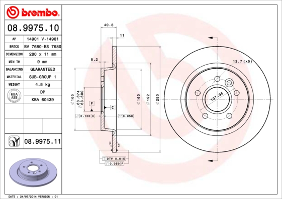 Тормозной диск   08.9975.11   BREMBO