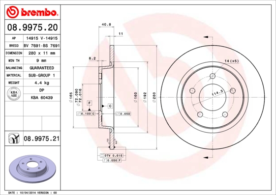 Тормозной диск   08.9975.20   BREMBO