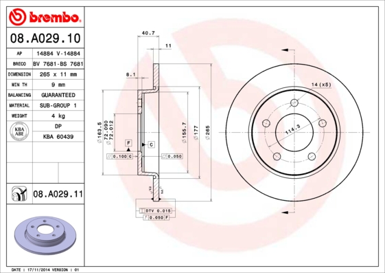 Тормозной диск   08.A029.10   BREMBO