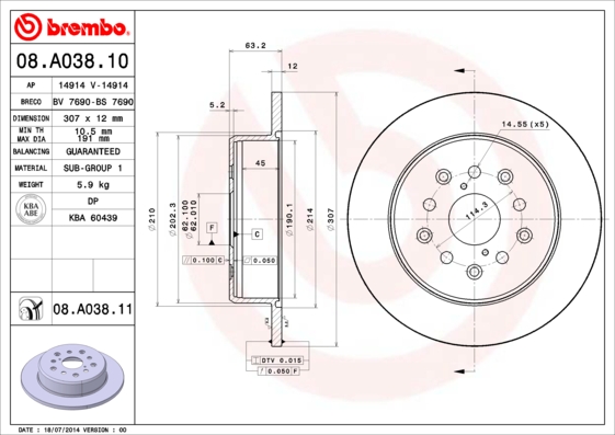 Тормозной диск   08.A038.11   BREMBO