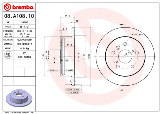 Тормозной диск   08.A108.10   BREMBO