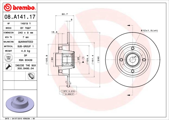 Гальмівний диск   08.A141.17   BREMBO