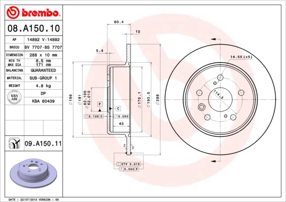 Тормозной диск   08.A150.11   BREMBO