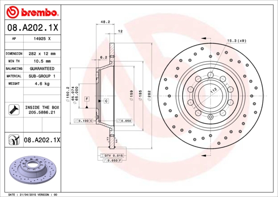 Тормозной диск   08.A202.1X   BREMBO