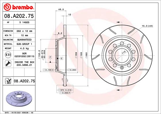 Тормозной диск   08.A202.75   BREMBO