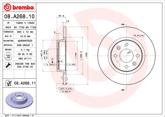 Тормозной диск   08.A268.10   BREMBO