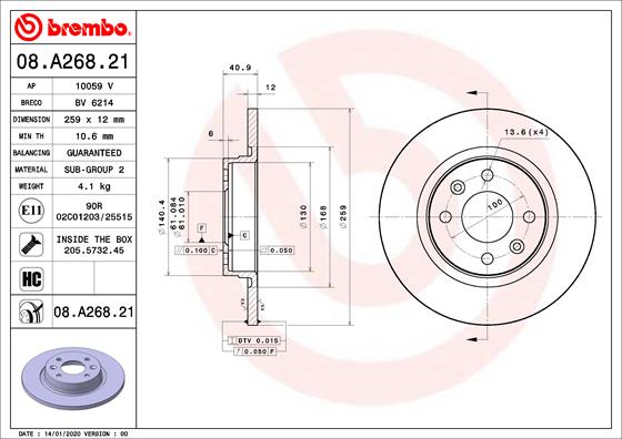 Гальмівний диск   08.A268.21   BREMBO