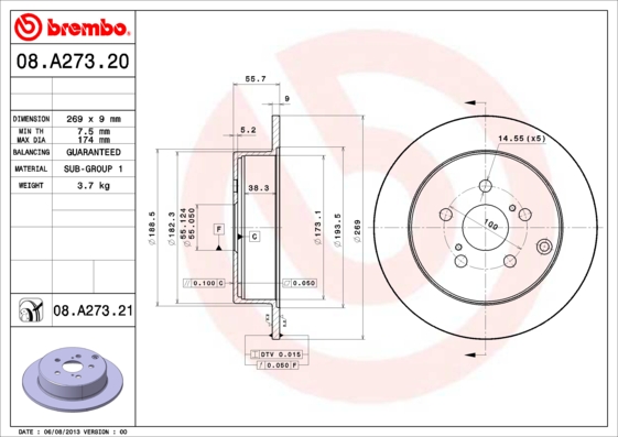 Тормозной диск   08.A273.21   BREMBO