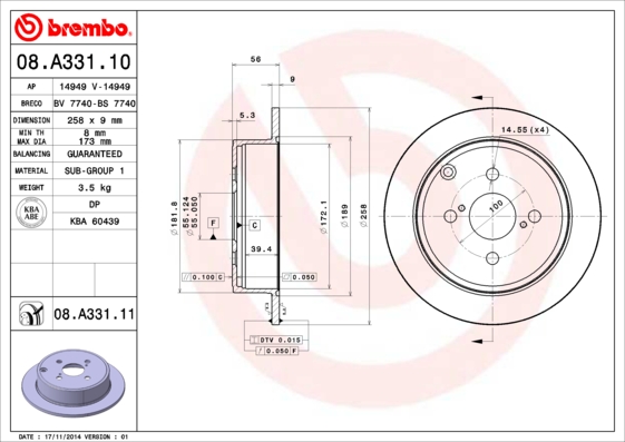 Тормозной диск   08.A331.10   BREMBO