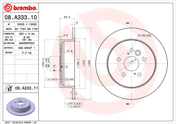 Тормозной диск   08.A333.11   BREMBO