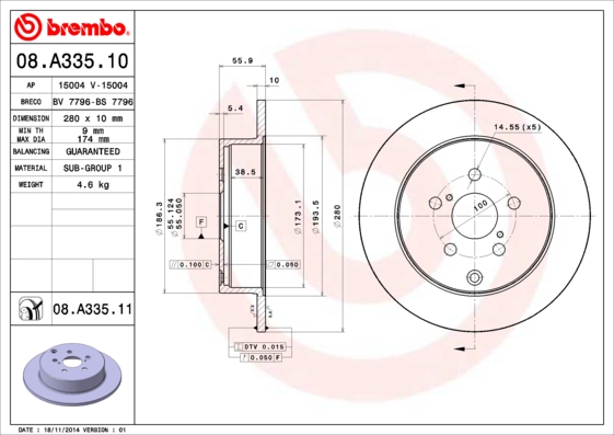 Тормозной диск   08.A335.10   BREMBO