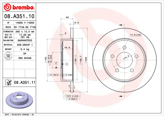 Тормозной диск   08.A351.11   BREMBO